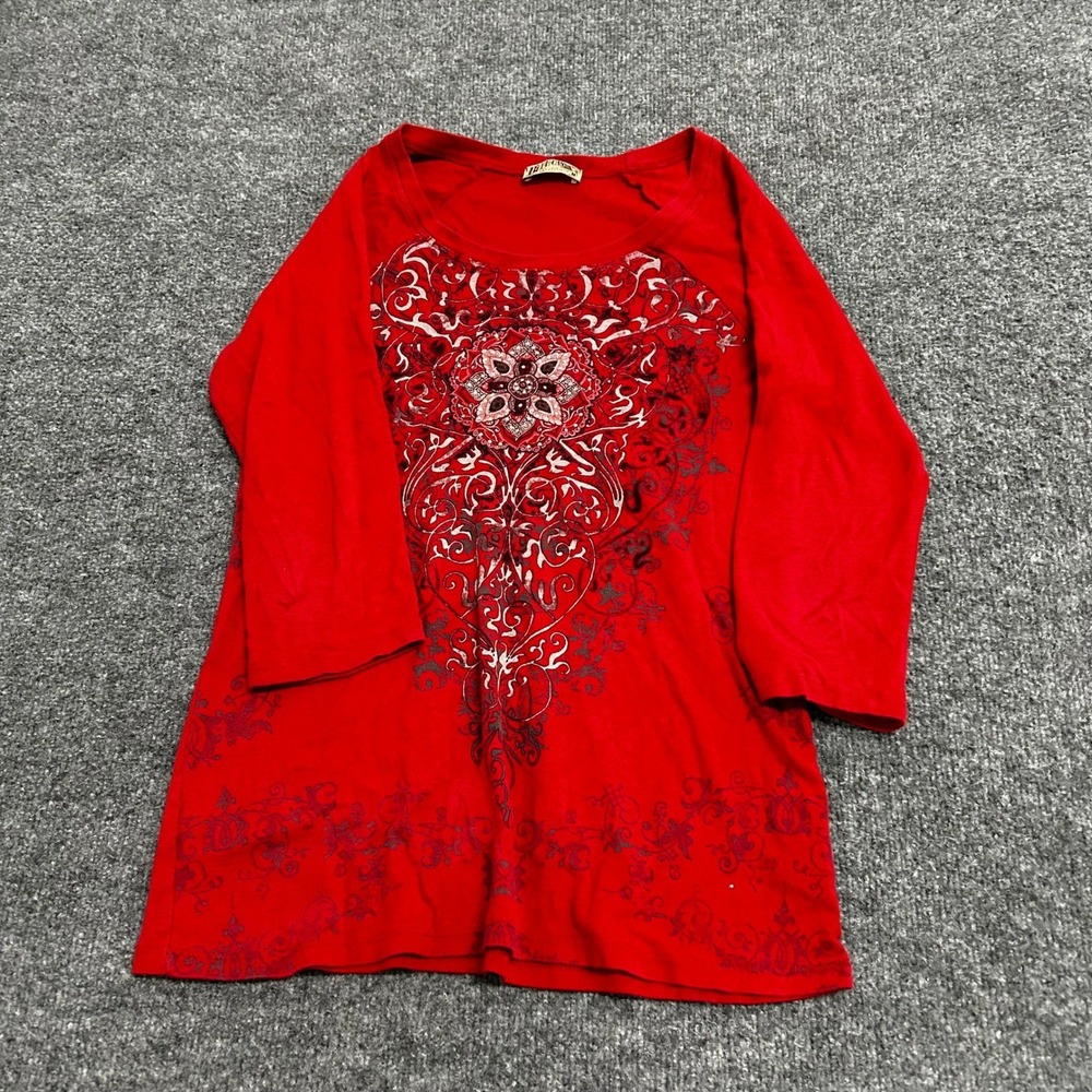 Blue Canyon Clothing Top Womens Size M Red Graphic 3/4 Sleeve Cotton USA Made